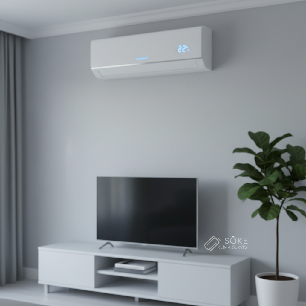 A sleek white wall-mounted split air conditioner with a subtle digital temperature display glowing cool blue, installed high on a freshly painted light-grey wall in a modern Söke apartment living room. Below, a tidy TV unit and a potted green plant are softly blurred, emphasizing the AC as the hero. Cool, diffused daylight enters from an unseen window on the left, creating gentle shadows and a clean, professional mood. Photographic realism at eye-level, with a shallow depth of field and balanced composition, conveys reliable, expert klima servisi and a fresh, comfortable indoor atmosphere.