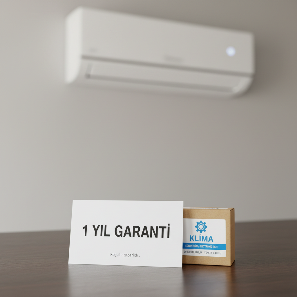 A close-up, photographic realism image of a small white warranty card and a labeled spare part box placed neatly on a dark wooden desk, with a newly installed indoor AC unit softly blurred in the background. The warranty card clearly shows “1 YIL GARANTİ” in bold, printed text, while the box label hints at compressor or electronic board replacement, reinforcing quality parts usage. Neutral studio-style lighting from above and slightly to the left produces soft shadows and crisp details. Shot from a shallow angle with selective focus, the mood is reliable and professional, underlining güvence and uzun ömürlü klima onarımı.
