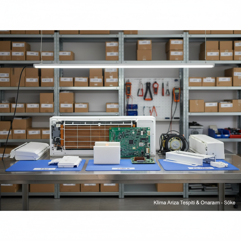 An open, organized service workshop focused on a disassembled white split air conditioner unit carefully placed on a clean, stainless-steel workbench. Internal components such as coils, filters, and circuit board are neatly laid out on labeled, blue anti-static mats, emphasizing professional maintenance and repair. The background shows orderly shelves with boxed spare parts and diagnostic tools, softly out of focus. Bright, neutral overhead LED lighting creates crisp, shadow-free illumination. Shot from a slightly elevated angle in photographic realism, the atmosphere feels precise, trustworthy, and technical, representing expert klima arıza tespiti and onarım in Söke.