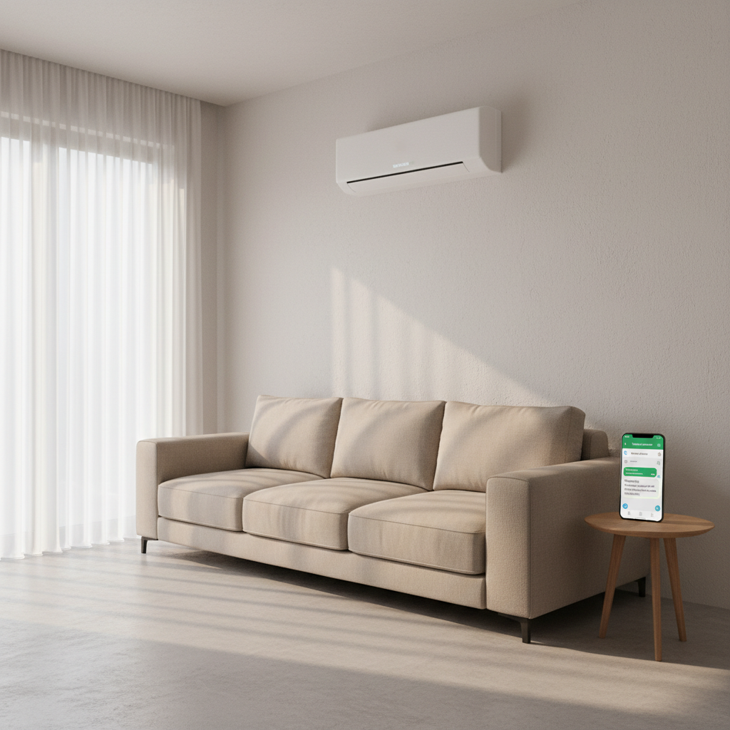 A minimalist, photographic depiction of a modern living room in Söke with a slim, energy-efficient white air conditioner mounted above a neutral-colored sofa. On a nearby side table, a smartphone displays a messaging app screen with a green chat bubble, subtly suggesting easy WhatsApp servis talebi without showing any hands or people. Soft late-afternoon sunlight washes through sheer curtains, creating a warm yet refreshing ambiance. Captured at eye level with a wide angle to include the whole wall, the scene feels contemporary, user-friendly, and reassuring, emphasizing quick, convenient klima servisi randevu.