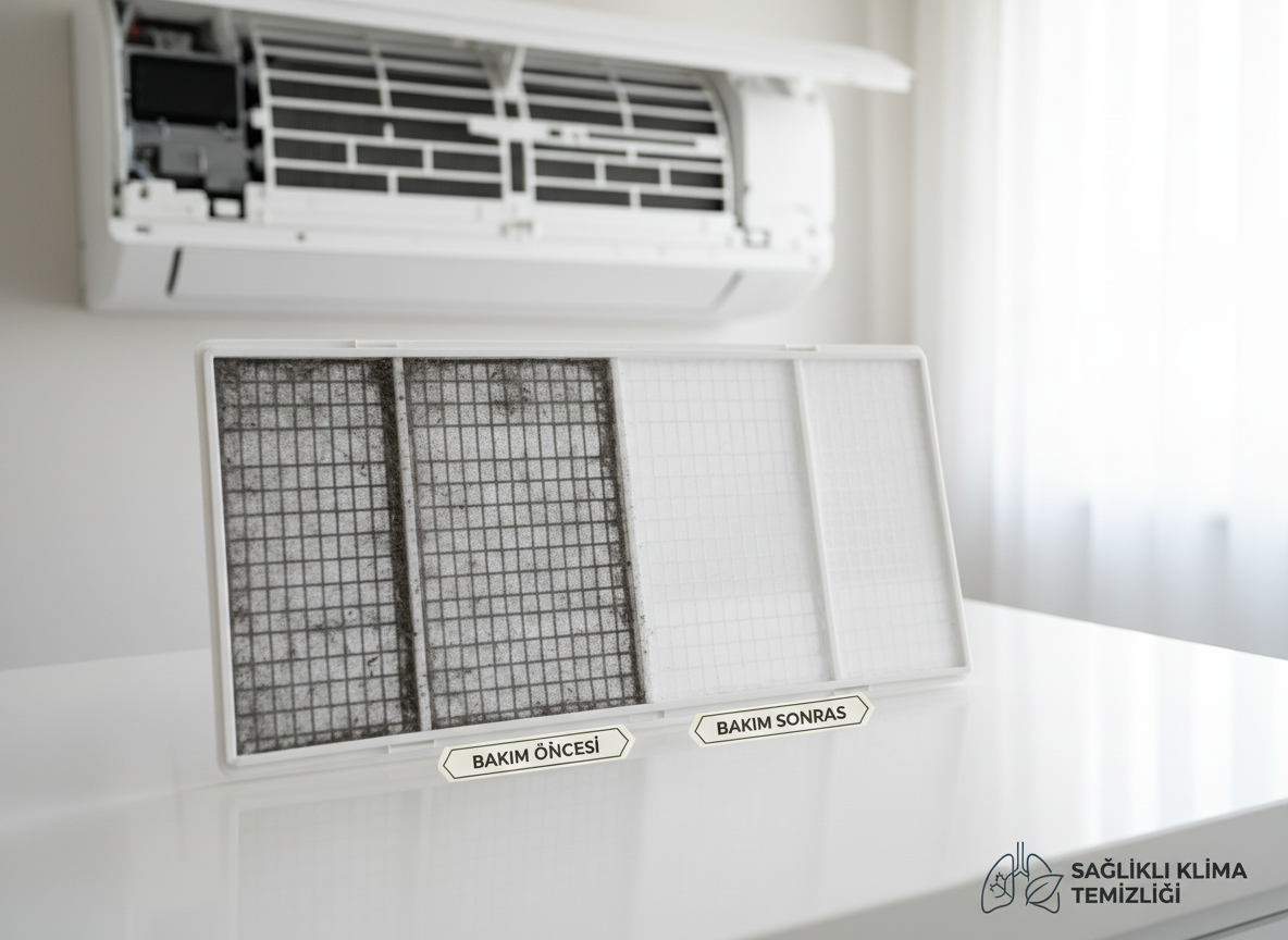 A close-up, photographic realistic view of an air conditioner’s removable filter being showcased on a pristine white countertop, with the indoor unit’s front panel open in the background. The filter is visibly dusty on one side and perfectly clean on the other, clearly demonstrating the impact of professional bakım services. Soft, natural window light from the right creates gentle contrast and fine detail on the mesh texture. The composition uses rule of thirds with a shallow depth of field, creating a calm, educational atmosphere that highlights the importance of regular klima temizliği for healthy, efficient cooling.