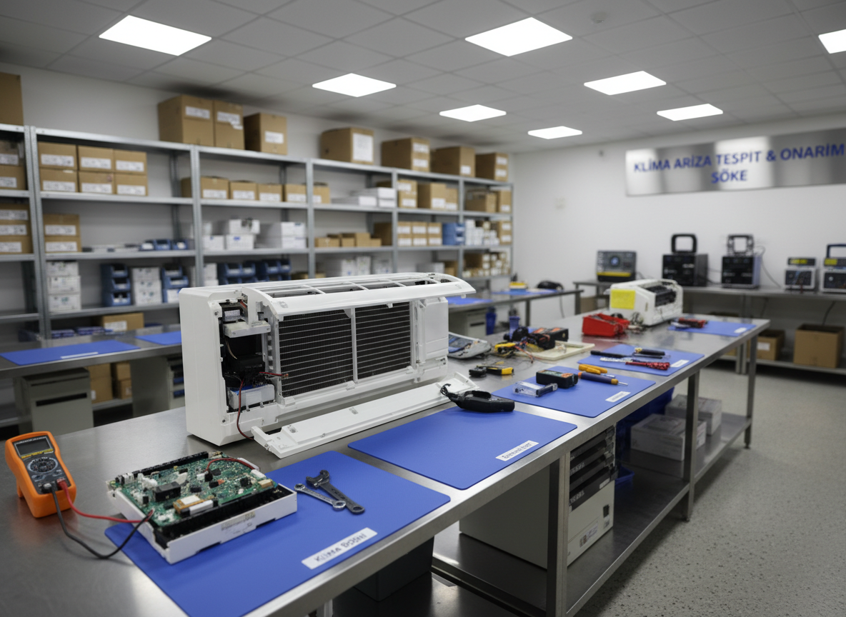 An open, organized service workshop focused on a disassembled white split air conditioner unit carefully placed on a clean, stainless-steel workbench. Internal components such as coils, filters, and circuit board are neatly laid out on labeled, blue anti-static mats, emphasizing professional maintenance and repair. The background shows orderly shelves with boxed spare parts and diagnostic tools, softly out of focus. Bright, neutral overhead LED lighting creates crisp, shadow-free illumination. Shot from a slightly elevated angle in photographic realism, the atmosphere feels precise, trustworthy, and technical, representing expert klima arıza tespiti and onarım in Söke.