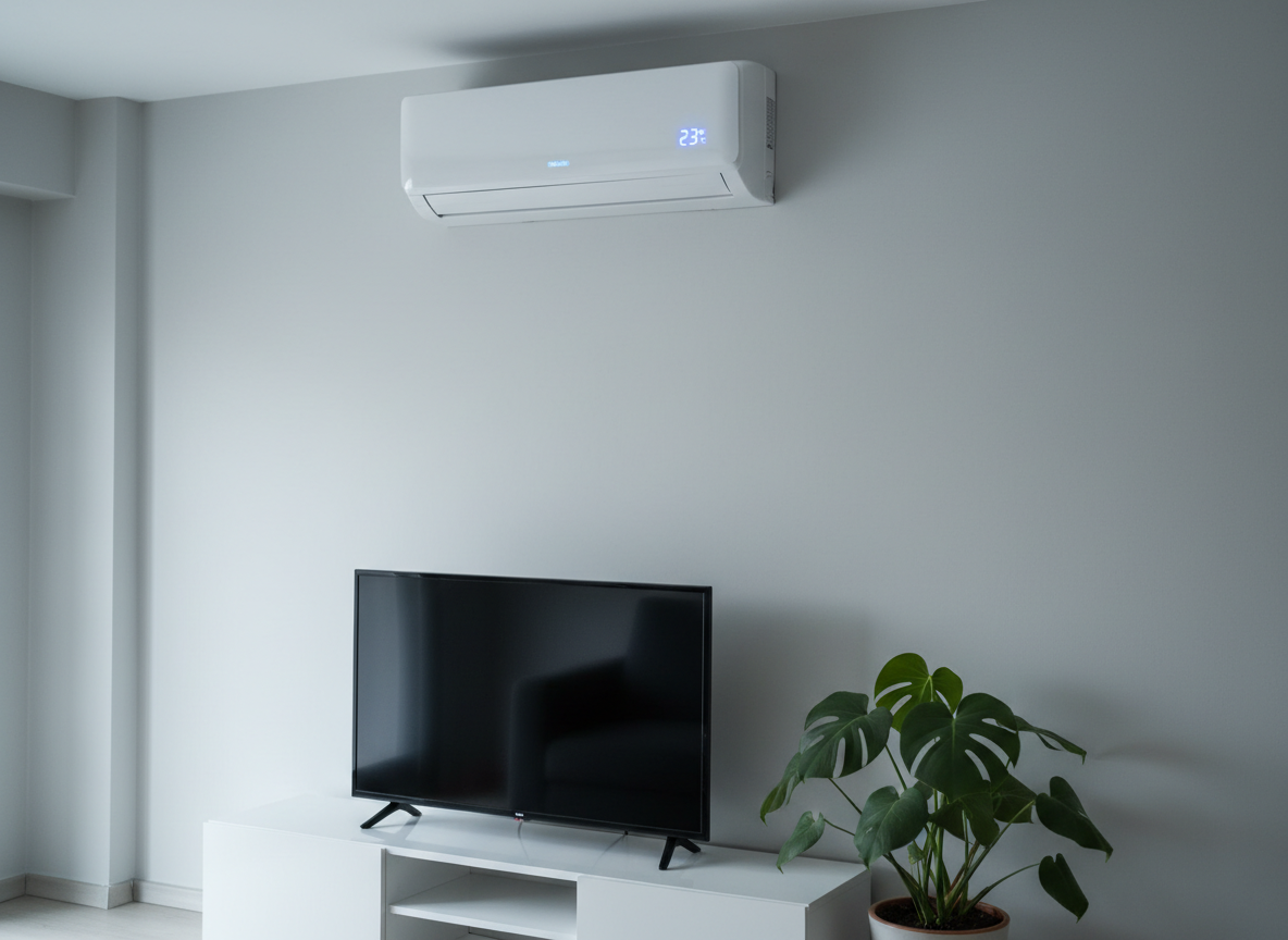 A sleek white wall-mounted split air conditioner with a subtle digital temperature display glowing cool blue, installed high on a freshly painted light-grey wall in a modern Söke apartment living room. Below, a tidy TV unit and a potted green plant are softly blurred, emphasizing the AC as the hero. Cool, diffused daylight enters from an unseen window on the left, creating gentle shadows and a clean, professional mood. Photographic realism at eye-level, with a shallow depth of field and balanced composition, conveys reliable, expert klima servisi and a fresh, comfortable indoor atmosphere.